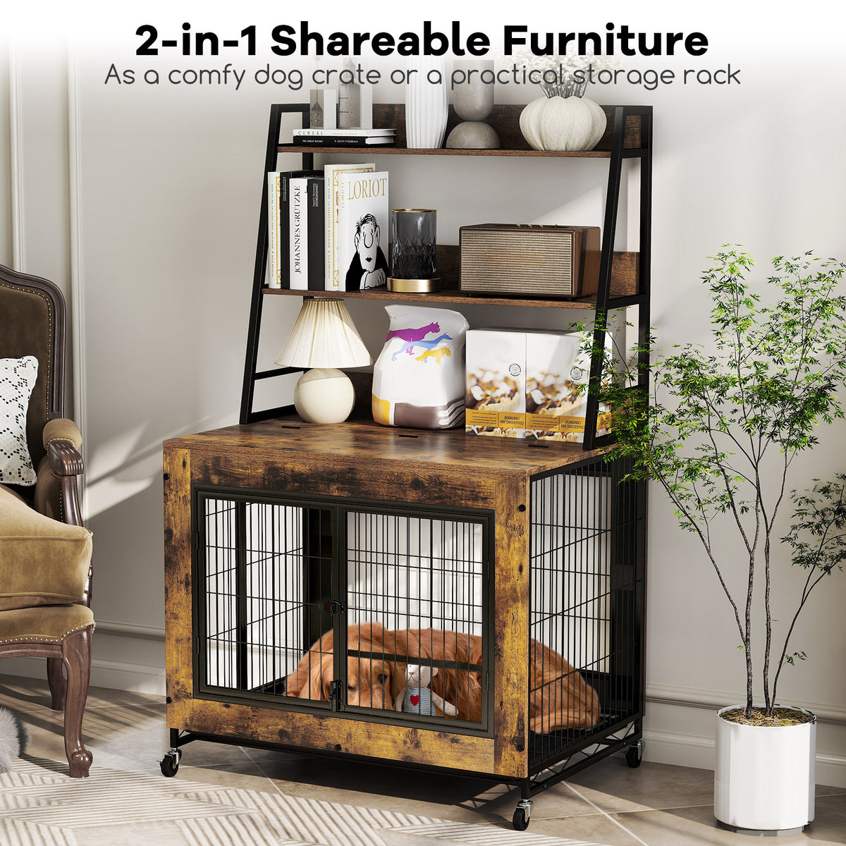 Dog Crate Furniture with 3 Lockable Doors and Flip-up Top-Coffee
