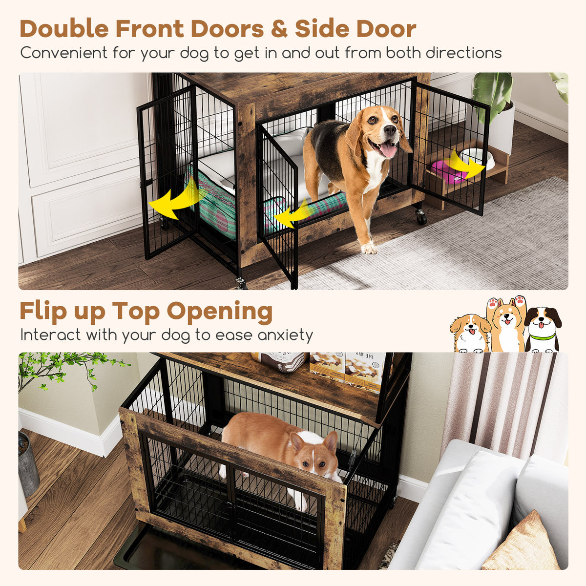 Dog Crate Furniture with 3 Lockable Doors and Flip-up Top-Coffee