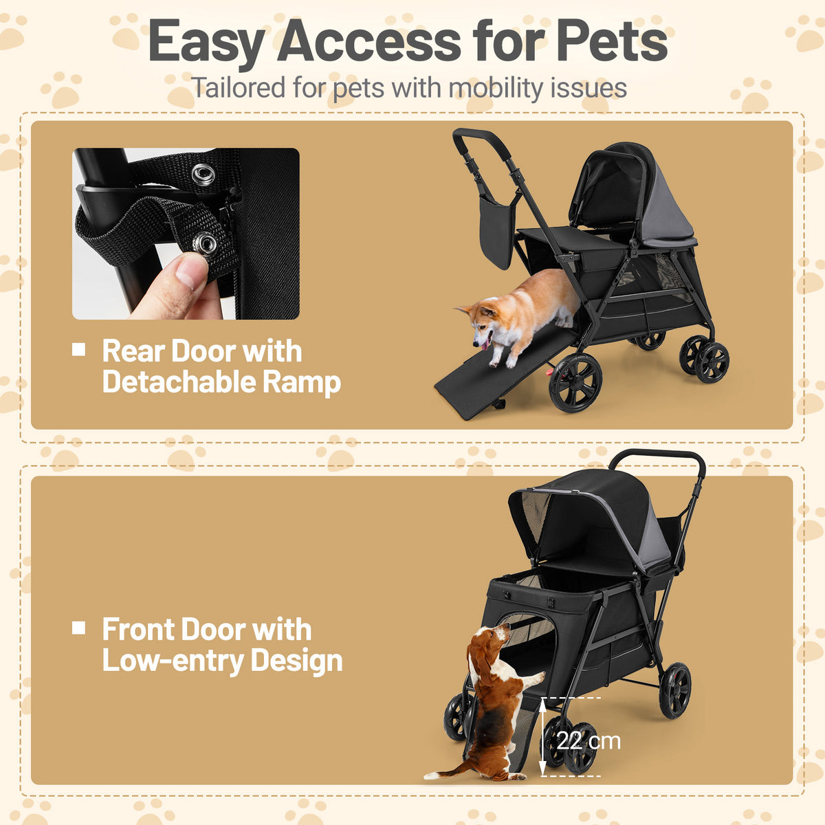 Dog Stroller Wagon with Dual Entry for Medium Small Senior Elderly Dogs-Black & Grey
