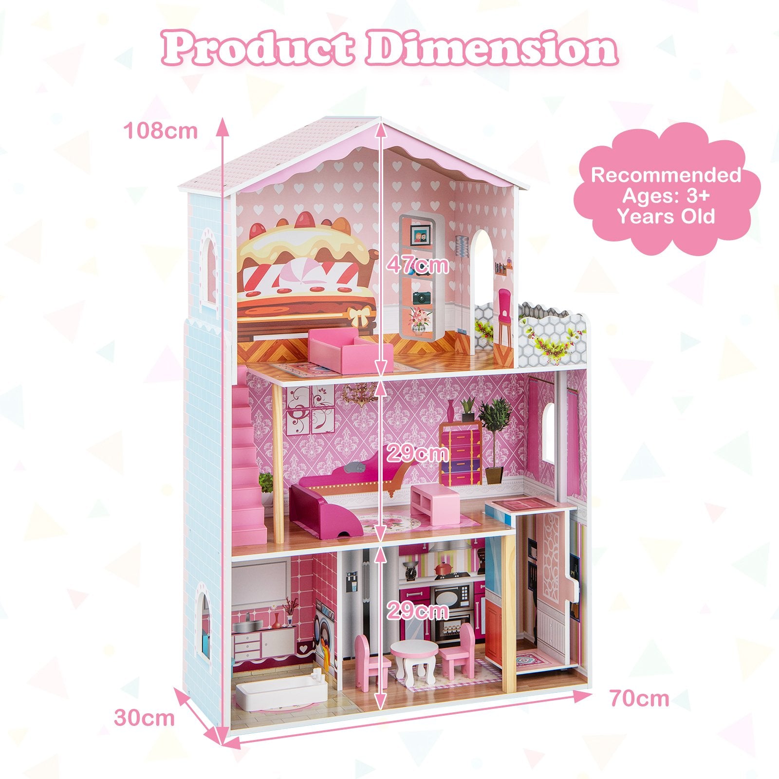 3-Story Wooden Dollhouse with Simulated Rooms and Furniture Set-Pink