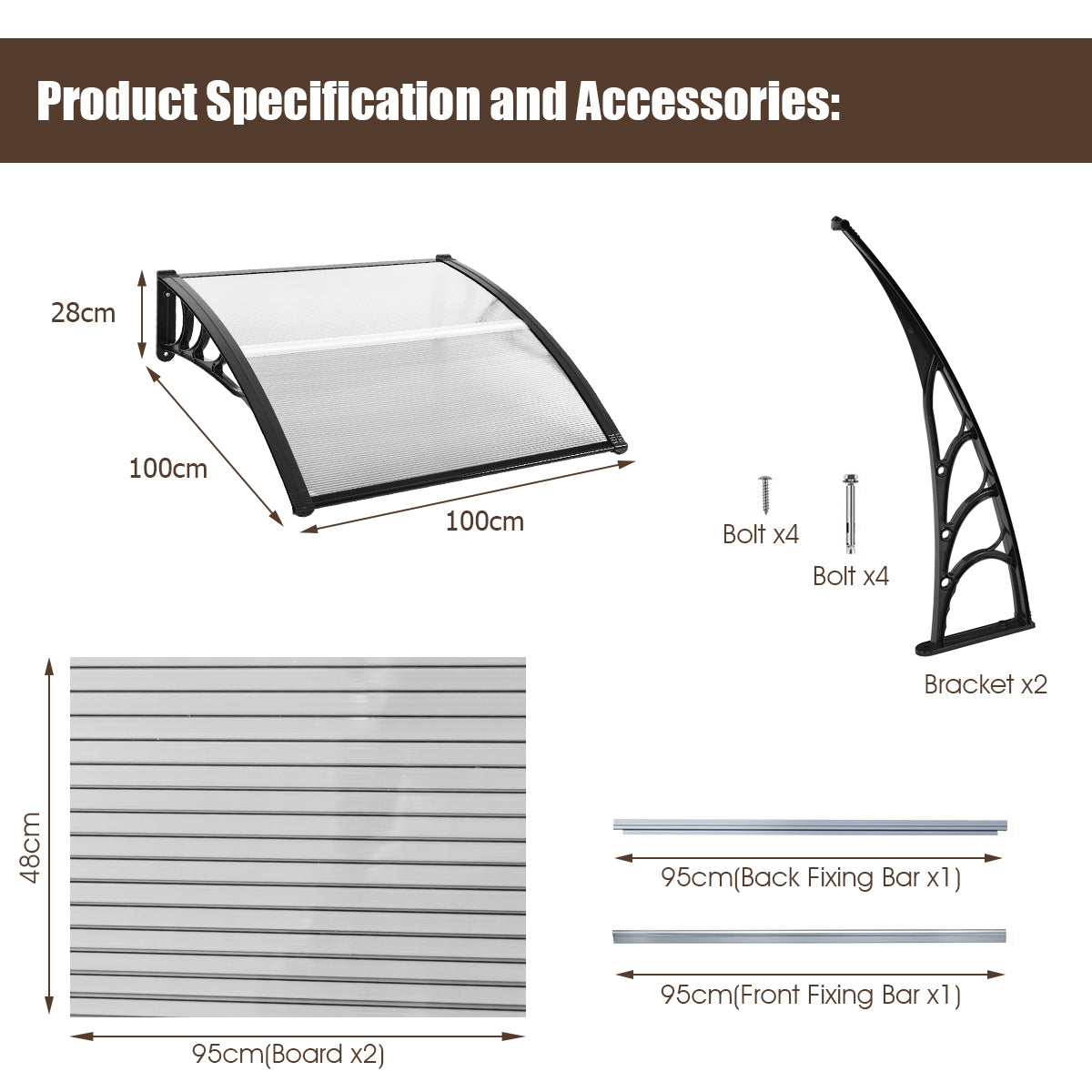 Door Canopy Awning Shelter Front Back Porch Window Roof Outdoor Shade 100*100CM-Black