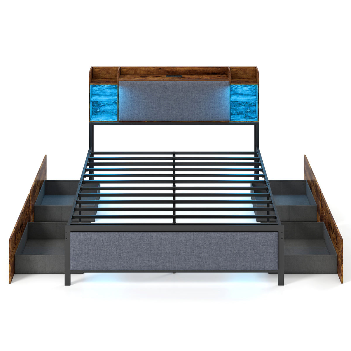 Double Bed Frame with LED Lights Charging Station Storage and Headboard-RusticBrown