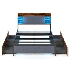Double Bed Frame with LED Lights Charging Station Storage and Headboard-RusticBrown