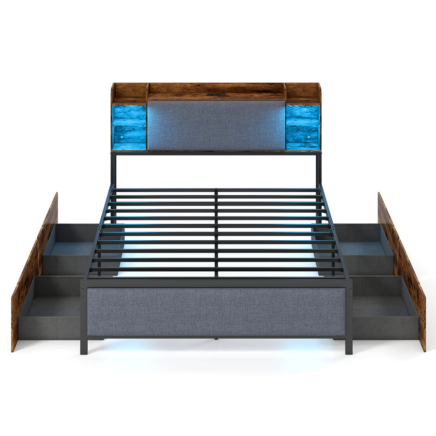 Double Bed Frame with LED Lights Charging Station Storage and Headboard-RusticBrown