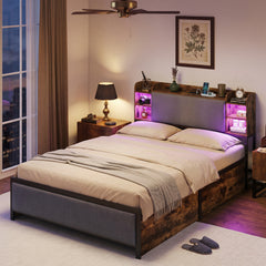 Double Bed Frame with LED Lights Charging Station Storage and Headboard-RusticBrown