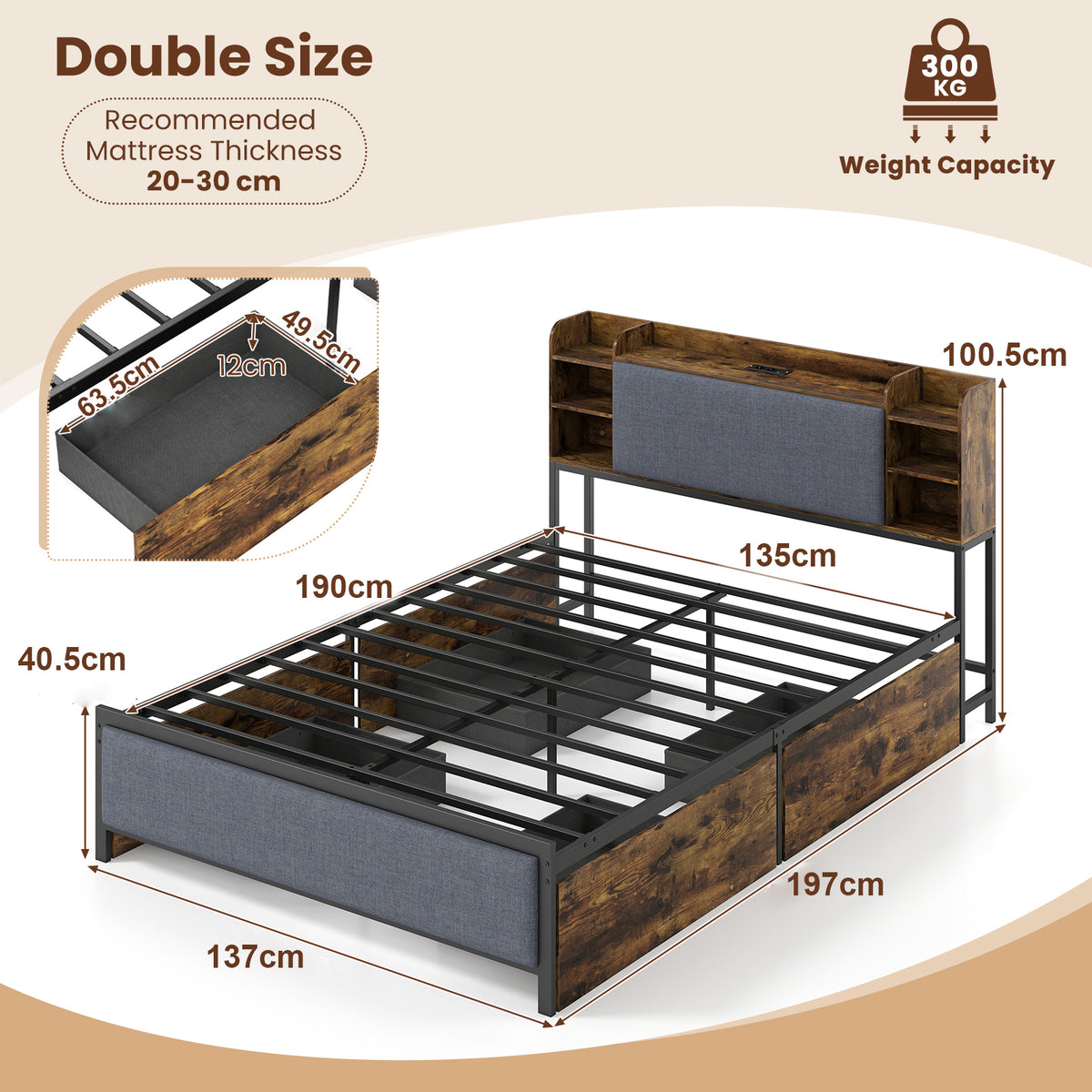 Double Bed Frame with LED Lights Charging Station Storage and Headboard-RusticBrown