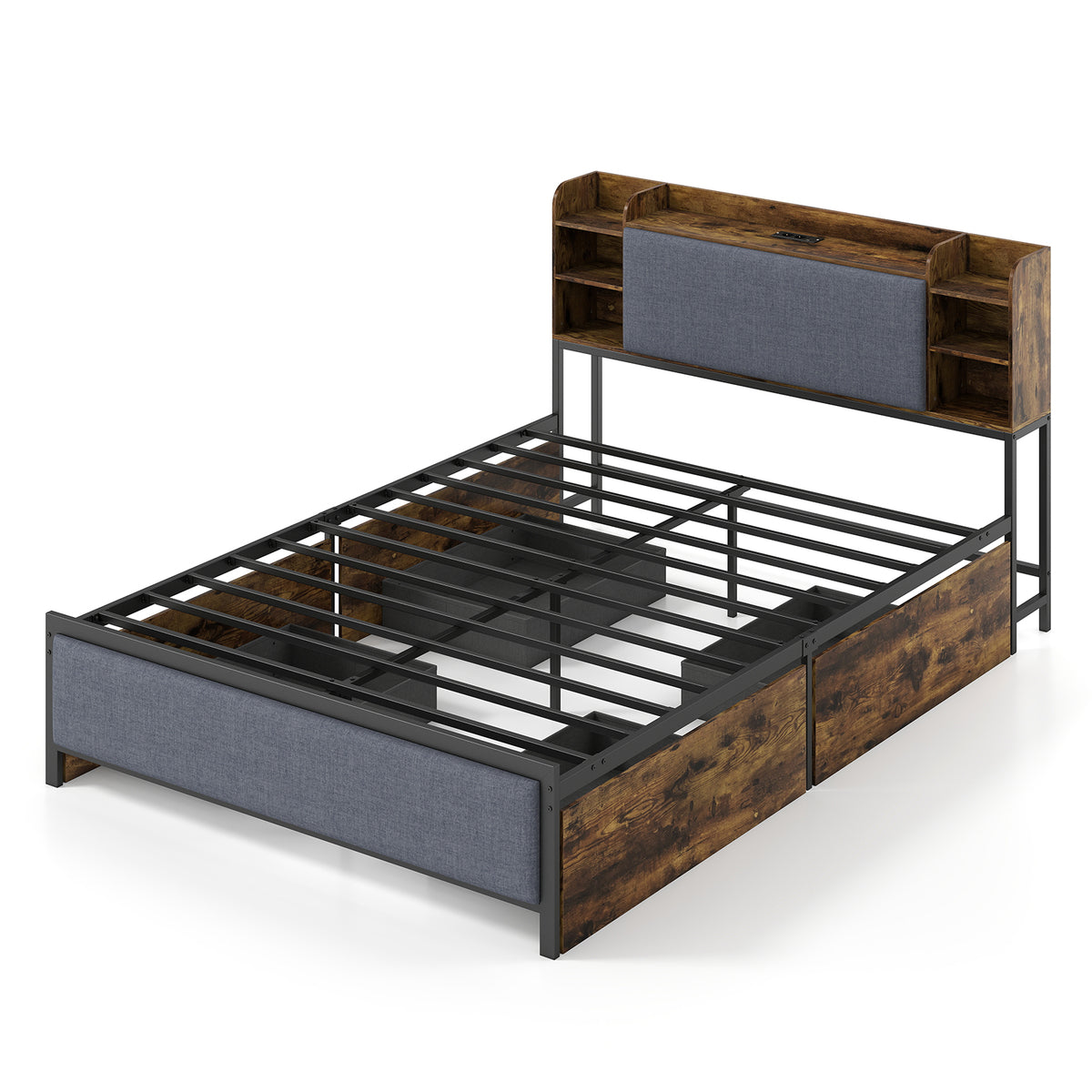 Double Bed Frame with LED Lights Charging Station Storage and Headboard-RusticBrown