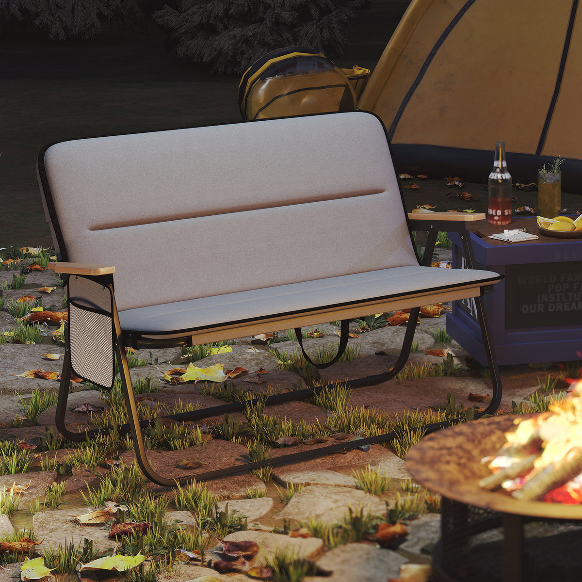 Double Camping Chair 2-Person with Detachable Cushion and Side Pocket -Grey