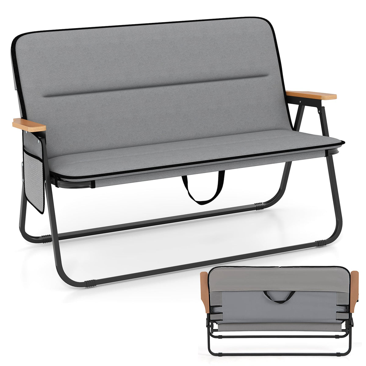 Double Camping Chair 2-Person with Detachable Cushion and Side Pocket -Grey