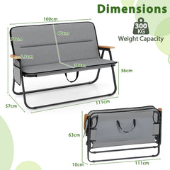 Double Camping Chair 2-Person with Detachable Cushion and Side Pocket -Grey