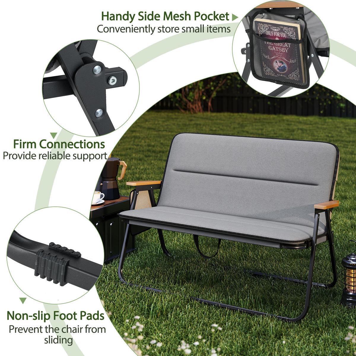 Double Camping Chair 2-Person with Detachable Cushion and Side Pocket -Grey