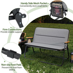 Double Camping Chair 2-Person with Detachable Cushion and Side Pocket -Grey