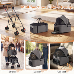 Double Pet Stroller 3 in 1 Foldable with 2 Detachable Carriers Car Seats-Grey