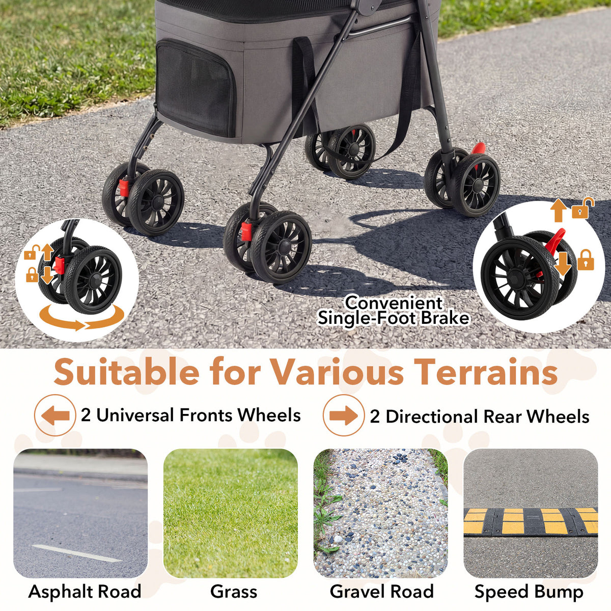 Double Pet Stroller 3 in 1 Foldable with 2 Detachable Carriers Car Seats-Grey