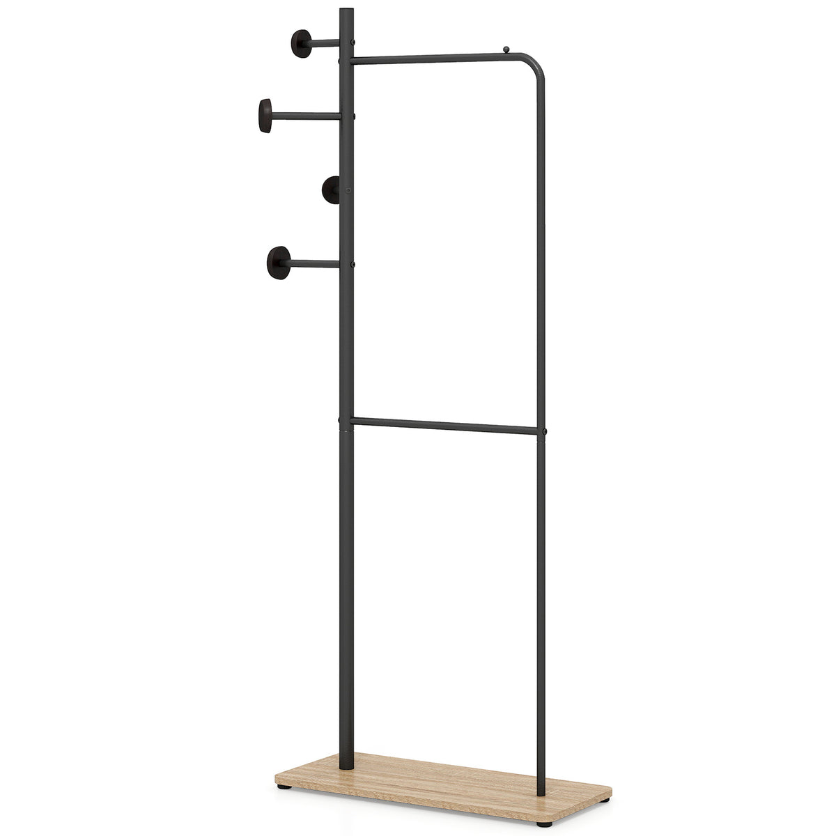Double Rods Clothes Hanging Rack with Rubber Wood Hooks and Wooden Bottom Shelf