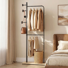 Double Rods Clothes Hanging Rack with Rubber Wood Hooks and Wooden Bottom Shelf