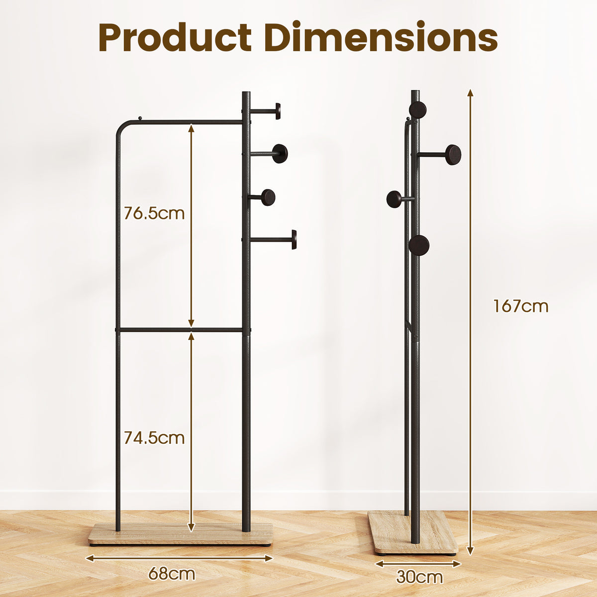 Double Rods Clothes Hanging Rack with Rubber Wood Hooks and Wooden Bottom Shelf