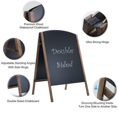Close up details of a double sided A frame chalkboard sign including hinges and frame