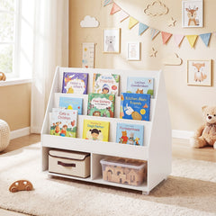 Double-Sided Kids Bookshelf Toddler Book Shelf on Wheels with Chalkboard-White