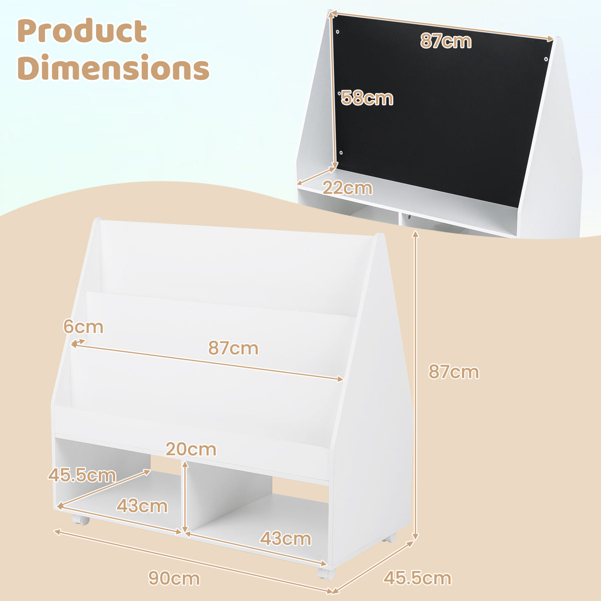Double-Sided Kids Bookshelf Toddler Book Shelf on Wheels with Chalkboard-White
