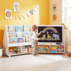 Double-Sided Kids Bookshelf Toddler Book Shelf on Wheels with Chalkboard-White