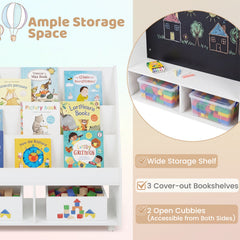 Double-Sided Kids Bookshelf Toddler Book Shelf on Wheels with Chalkboard-White