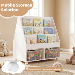 Double-Sided Kids Bookshelf Toddler Book Shelf on Wheels with Chalkboard-White