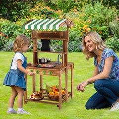 Double-Sided Mud Kitchen Wooden Barbecue Grill Playset with Canopy-Brown