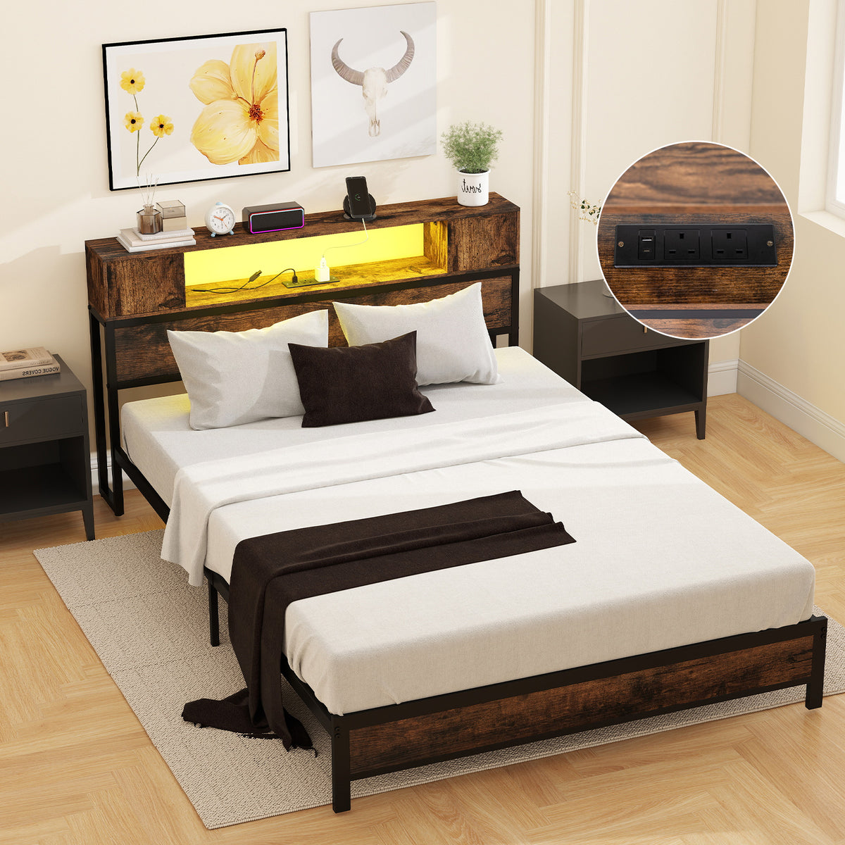 Double Size Bed Frame with LED Lights and Charging Station-Brown
