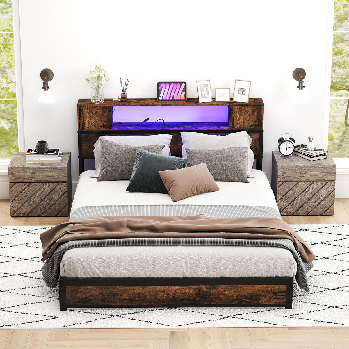 Double Size Bed Frame with LED Lights and Charging Station-Brown