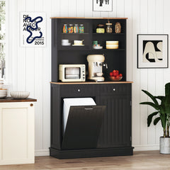 Double Tilt Out Trash Cabinet with Rubber Wood Countertop for Kitchen Dining Room-Black