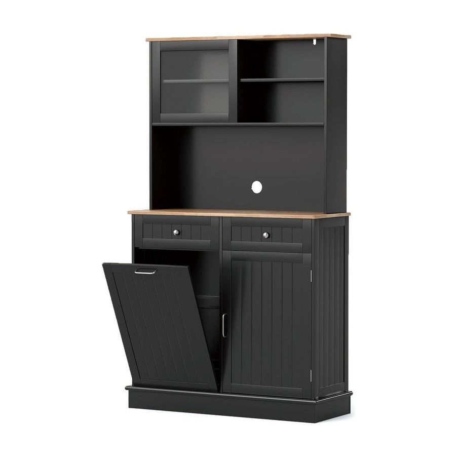 Double Tilt Out Trash Cabinet with Rubber Wood Countertop for Kitchen Dining Room-Black