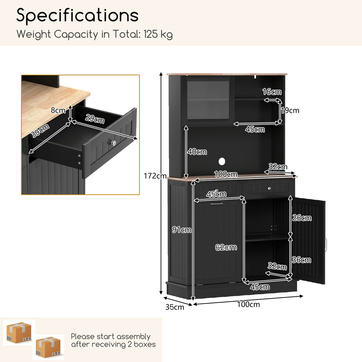 Double Tilt Out Trash Cabinet with Rubber Wood Countertop for Kitchen Dining Room-Black