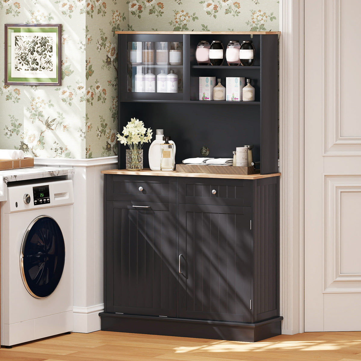 Double Tilt Out Trash Cabinet with Rubber Wood Countertop for Kitchen Dining Room-Black