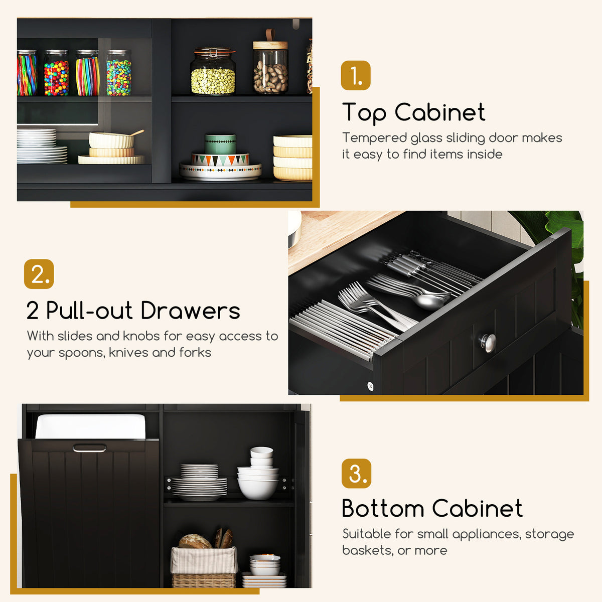 Double Tilt Out Trash Cabinet with Rubber Wood Countertop for Kitchen Dining Room-Black