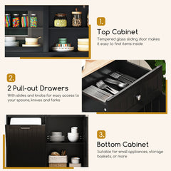Double Tilt Out Trash Cabinet with Rubber Wood Countertop for Kitchen Dining Room-Black