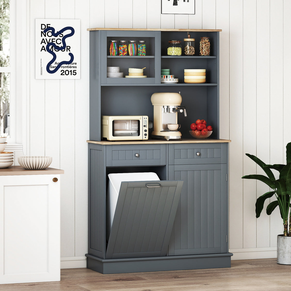 Double Tilt Out Trash Cabinet with Rubber Wood Countertop for Kitchen Dining Room-Grey