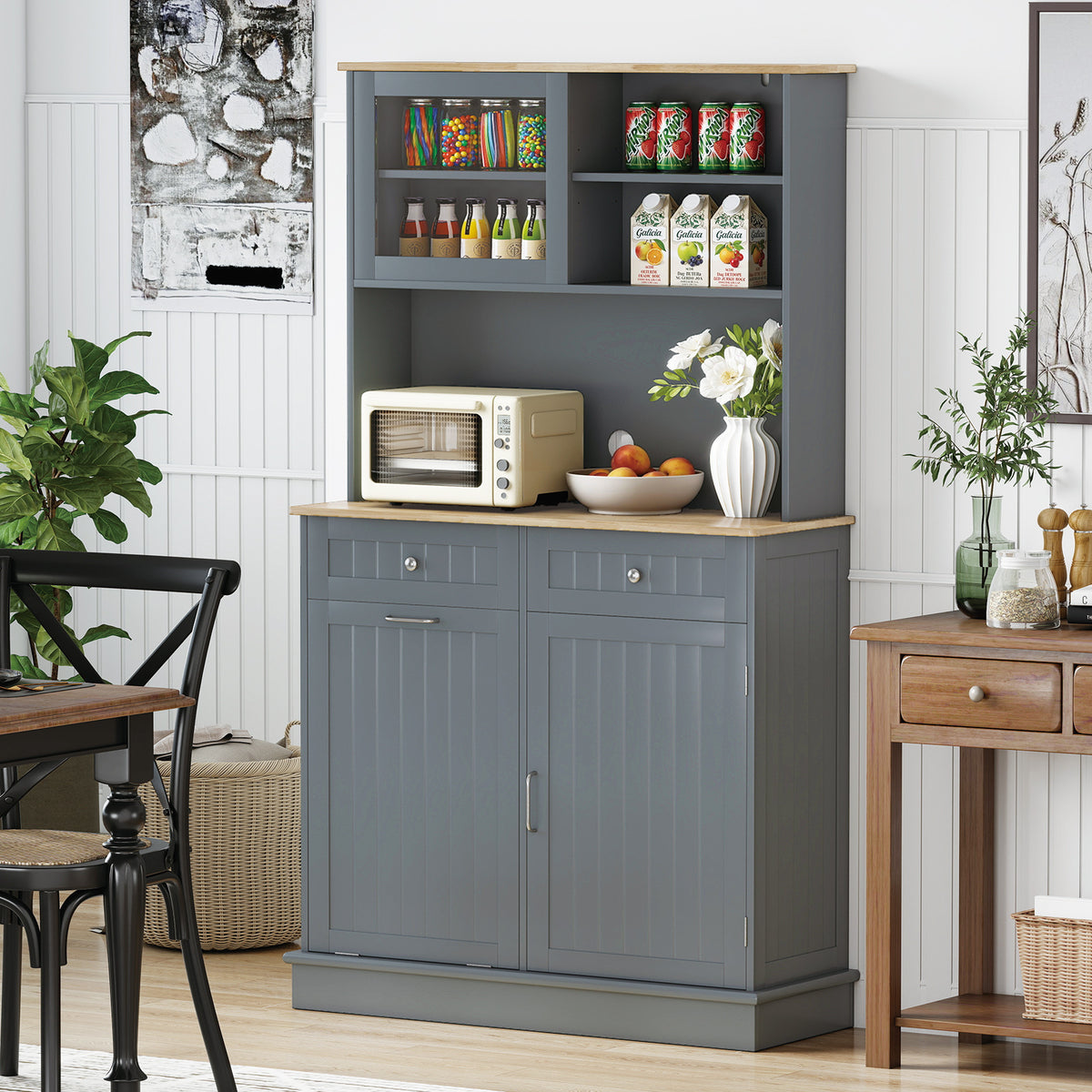 Double Tilt Out Trash Cabinet with Rubber Wood Countertop for Kitchen Dining Room-Grey