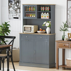 Double Tilt Out Trash Cabinet with Rubber Wood Countertop for Kitchen Dining Room-Grey
