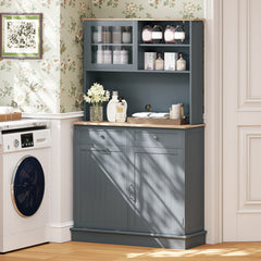 Double Tilt Out Trash Cabinet with Rubber Wood Countertop for Kitchen Dining Room-Grey