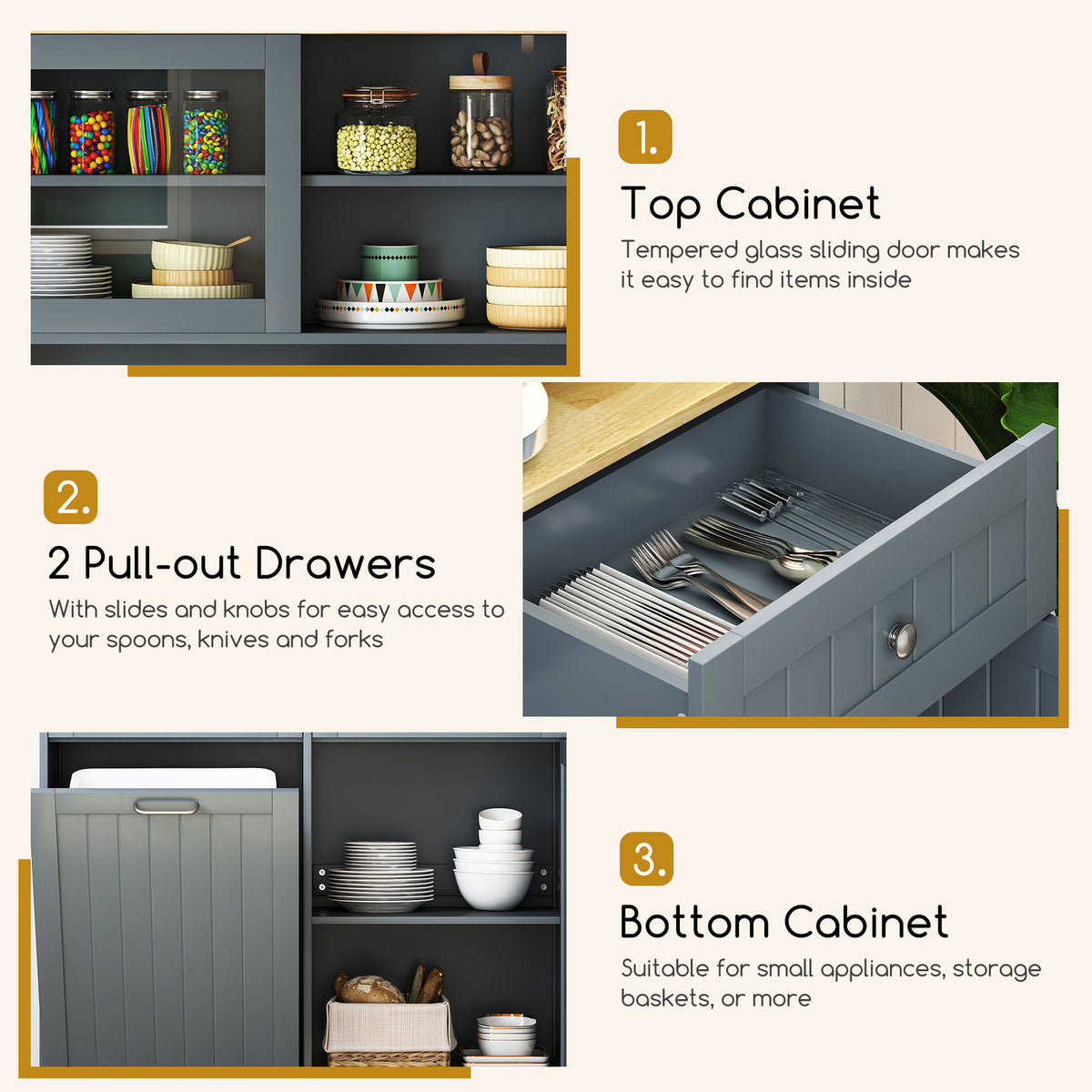 Double Tilt Out Trash Cabinet with Rubber Wood Countertop for Kitchen Dining Room-Grey