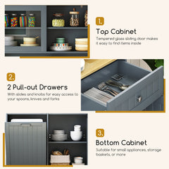 Double Tilt Out Trash Cabinet with Rubber Wood Countertop for Kitchen Dining Room-Grey