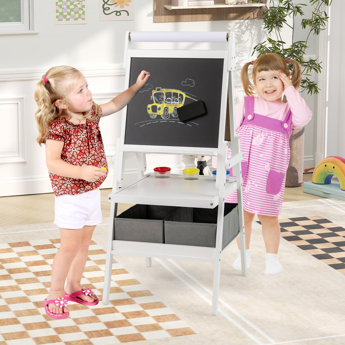 Double-sided Kids Easel with Magnetic Whiteboard and Chalkboard-White