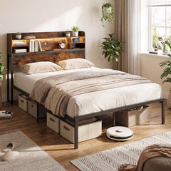 Double/King Size Bed Frame with LED Lights and Charging Station-Rustic Brown-King Size
