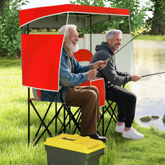 Double Beach Chair with Adjustable Canopy and Roll-up Shade-Red
