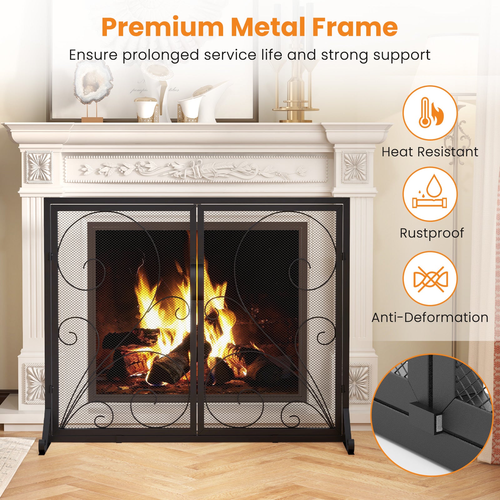 Double Door Fireplace Screen Flat Fire Guard with Magnetic Panels-Black