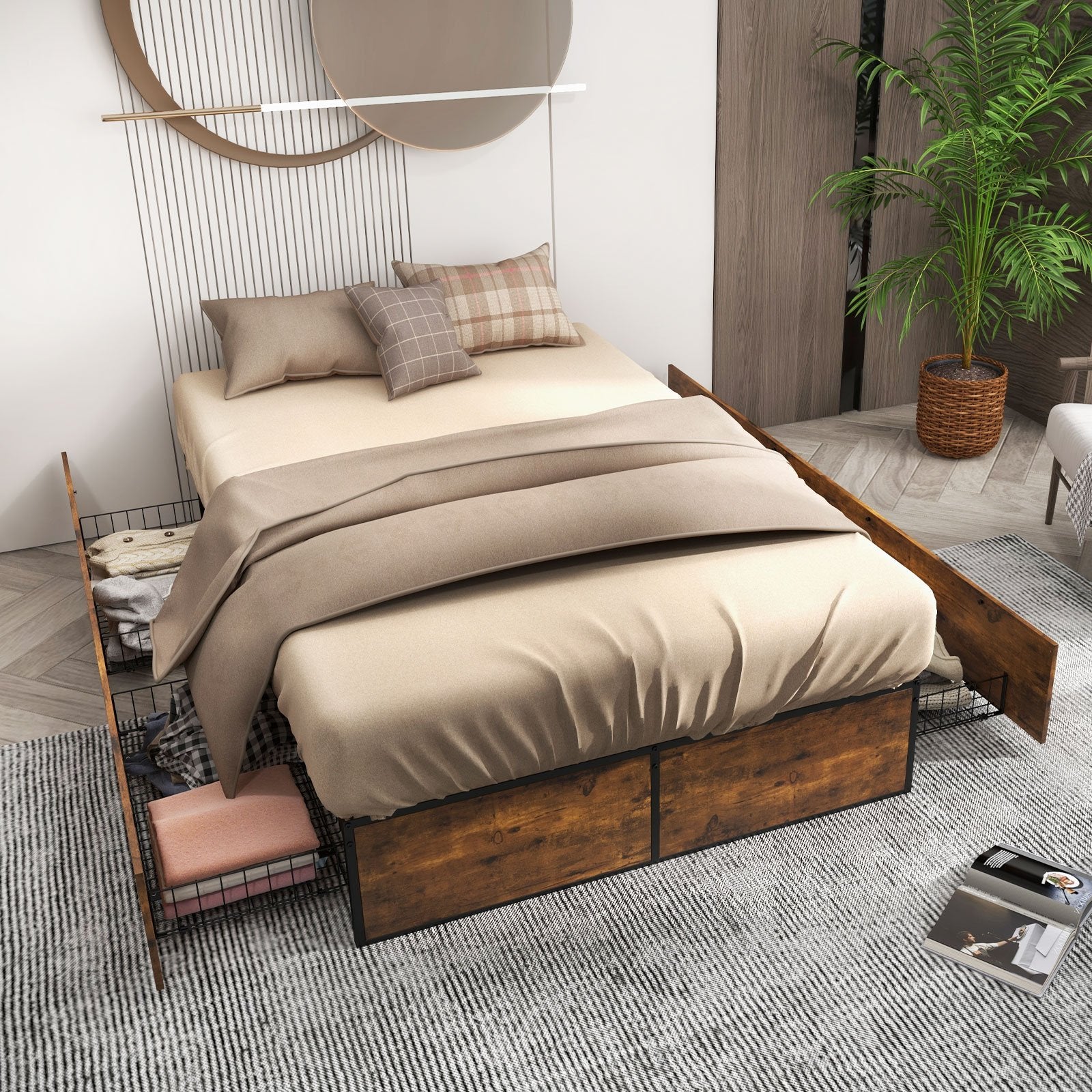 Double Metal Bed Frame with 4 Rolling Underbed Storage Drawers-190 x 135 x 33 cm