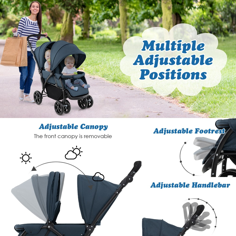The blue double pushchair showing adjustable canopy footrest and handle