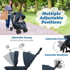 The blue double pushchair showing adjustable canopy footrest and handle