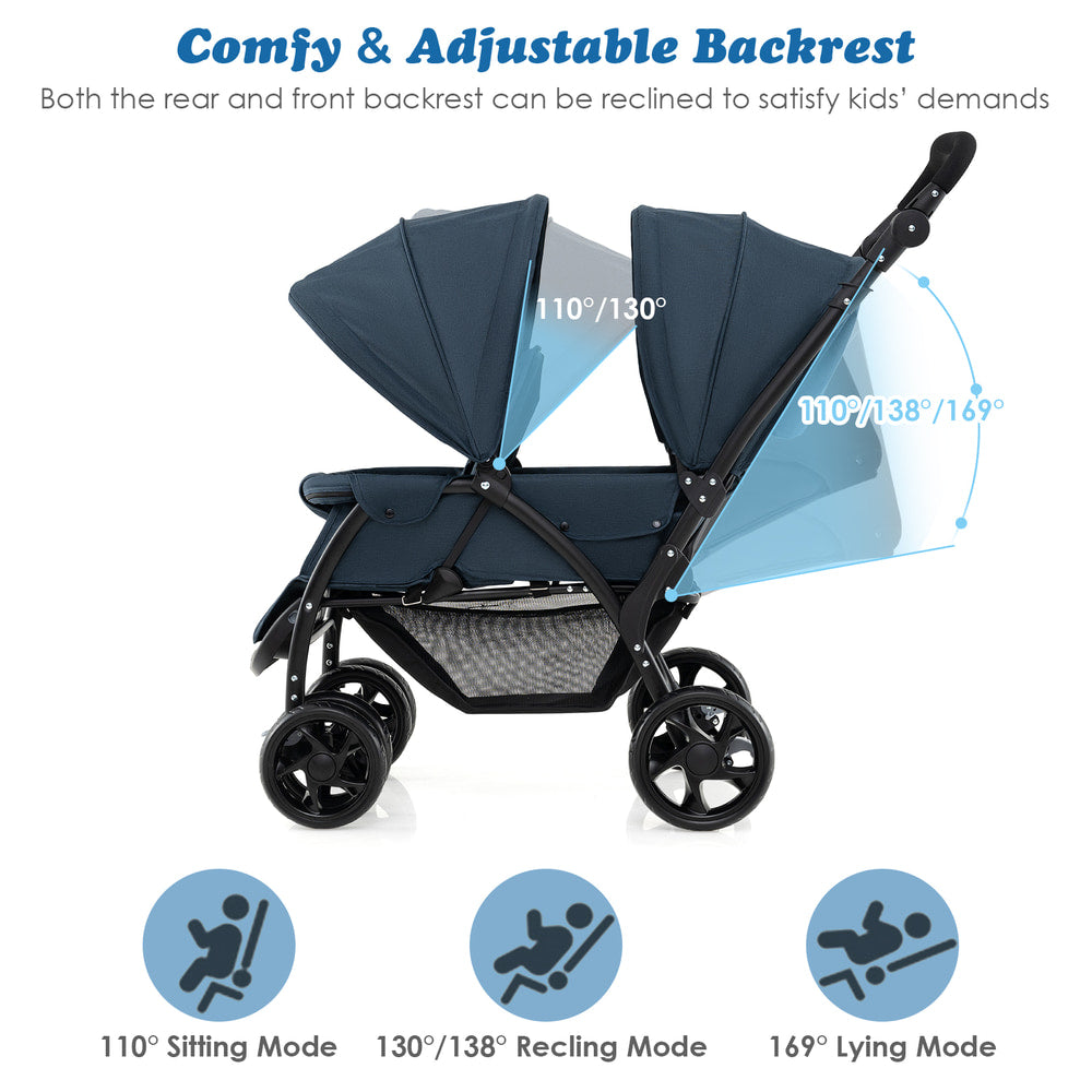 The baby stroller showing the different reclining angles for the backrests